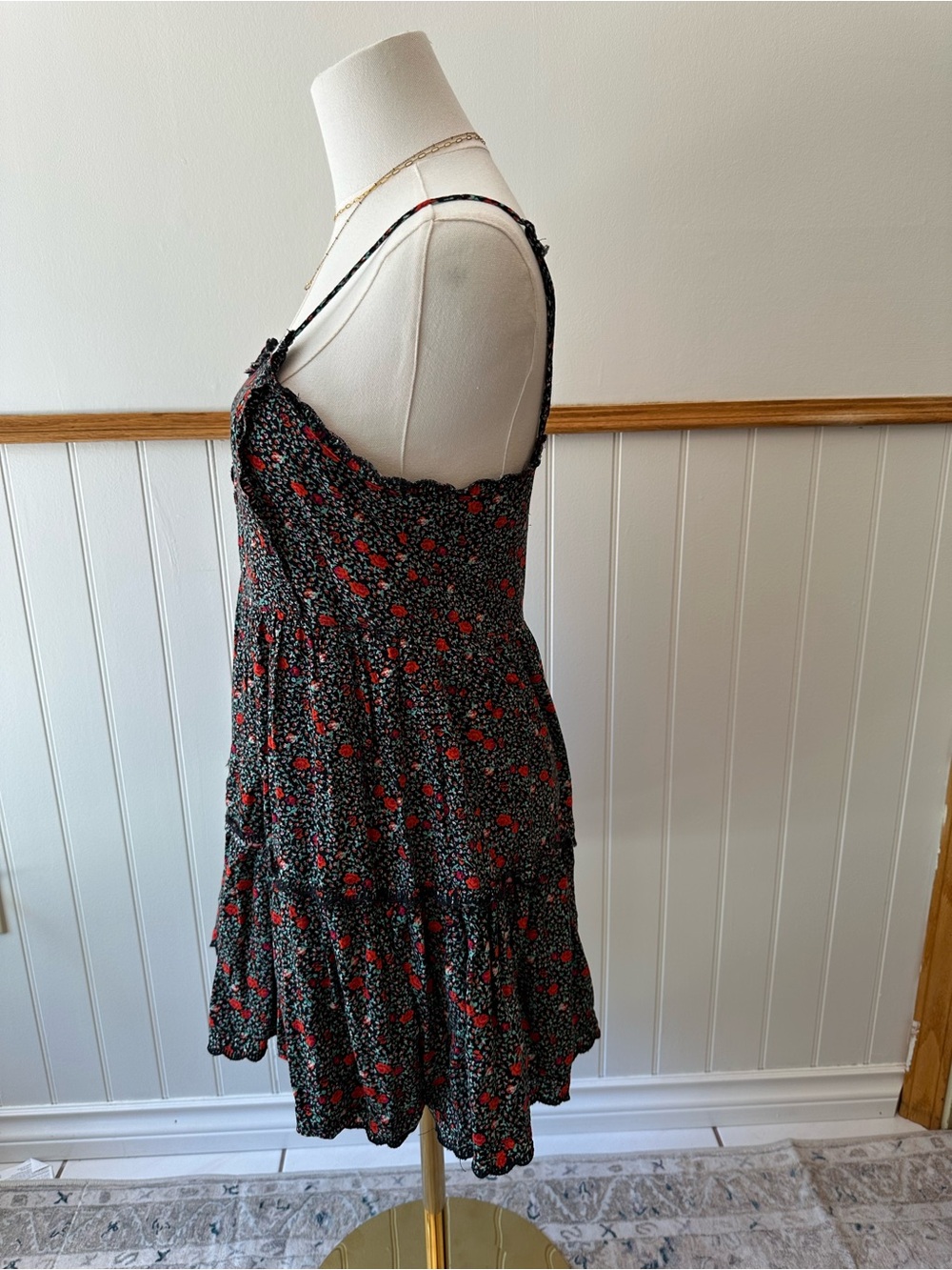 Urban Outfitters Black Floral Smocked Mini Dress with Red Accents - Picture 5 of 7